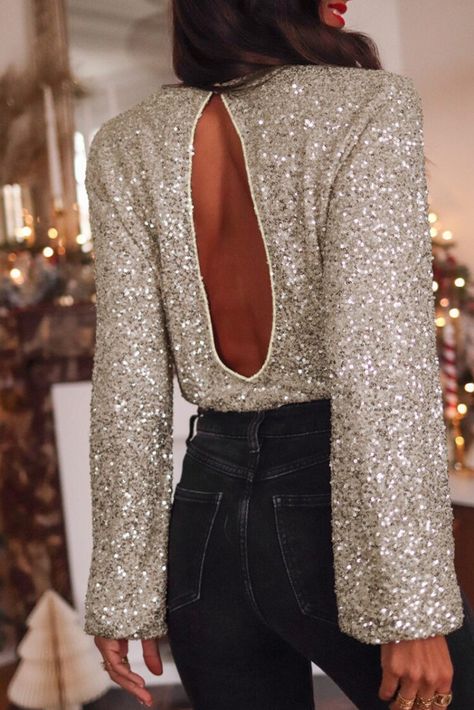 $11.75 Silvery Sequin Puff Sleeve Cutout Back Blouse Wholesale Sequin Blouse Outfit, Shiny Blouse, Denim Short Jumpsuit, Cutout Blouse, Refined Fashion, Sequin Blouse, Blouse Outfit, High Waisted Trousers, Polished Look