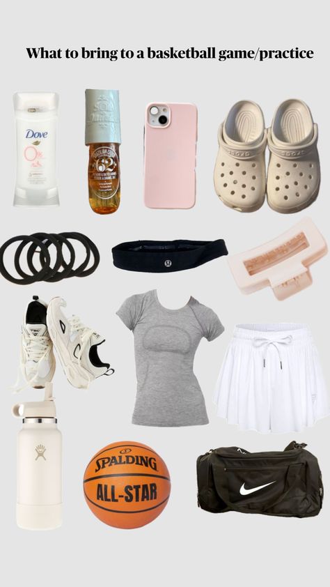 What To Bring To Basketball Practice, What To Bring To A Basketball Game, Basketball Packing List, Basketball Bag Essentials, Baddies Hairstyle, Sports Bag Essentials, Sports Essentials, Basketball Outfits, Sport Fits