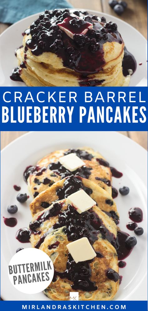 These buttermilk pancakes are perfect in texture and flavor while wild blueberries add sweet bursts of tangy flavor. This pancake recipe is a perfect copy of the delicious wild blueberry pancakes Cracker Barrel makes.  This is the perfect stay at home breakfast for everyday or a special brunch. #breakfast #brunch #blueberry #pancakes #easy Copycat Cracker Barrel Pancakes, Cracker Barrel French Toast, Blueberry Pancakes Easy, Cracker Barrel Pancakes, Cracker Barrel Copycat Recipes, Fluffy Blueberry Pancakes, Buttermilk Blueberry, Cracker Barrel Recipes, Blueberry Buttermilk Pancakes