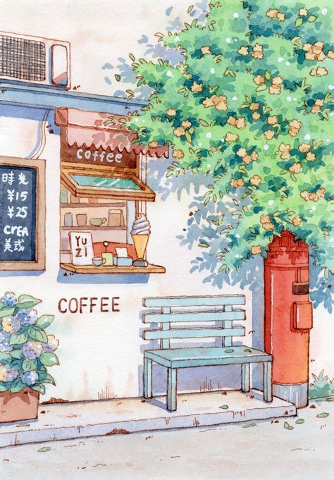 Place Art Drawings, Watercolor For Beginners Ideas, Asian Watercolor, Korean Watercolor Art, Aesthetic Cafe Drawing, Art Inspiration Painting Watercolour, Romantic Illustration, Market Drawing, Aesthetic Watercolor Painting