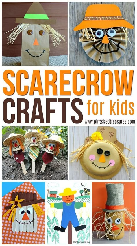 Scarecrow Crafts that kids will love! They're simple crafts for ANYONE that loves scarecrows! #scarecrows #craftsforkids #easycrafts #kidsactivities #kbn #fallcrafts #kidsfallcrafts #easyfallcrafts Small Scarecrow Ideas, Mini Scarecrows Craft, Harvest Festival Ideas Eyfs, Easy Scarecrow Ideas, Scarecrow Art Projects For Kids, Scarecrow Ideas For Kids, Scarecrow Crafts For Kids, Scarecrow Craft, School Farm