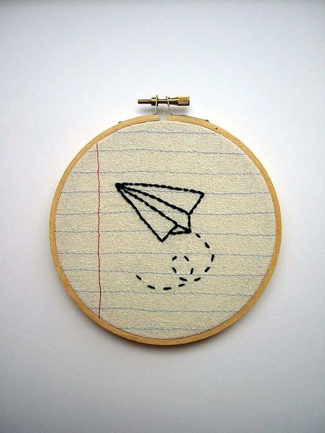 I don't know what I would do with it, but this is a fun little piece of embroidery. Diy Embroidery Shirt, Embroidery Hoop Wall, Embroidery Hoop Wall Art, Textile Art Embroidery, Simple Embroidery Designs, Paper Airplane, Pola Sulam, Embroidery Patterns Vintage, Paper Embroidery