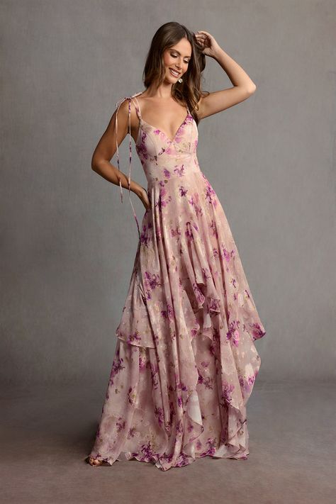 The Harmony Maxi Dress features a V-neckline, self-tie and adjustable spaghetti straps, paired with a romantic ruffle skirt. This style is crafted from a beautiful floral fil coupe fabric. Wear Harmony to your next formal event. Floral Formal Dresses, Summer Formal Dress, Garden Wedding Dress Guest, Patterned Bridesmaid Dresses, Atelier Dress, Mauve Bridesmaid Dress, Floral Bridesmaid Dresses, Summer Formal Dresses, Spring Wedding Guest Dress