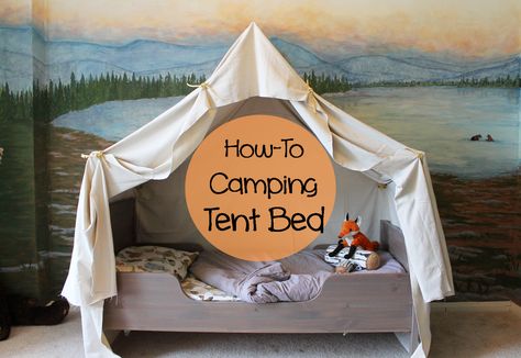 how to build a camping tent bed for a woodland themed room, The Ragged Wren on Remodelaholic #camping #kidsbed #diybed Bed Tents For Boys, Woodland Bedroom Kids, Camping Bedroom, Tent Camping Beds, Camping Room, Woodland Bedroom, Tent Bed, Themed Kids Room, Big Boy Bedrooms