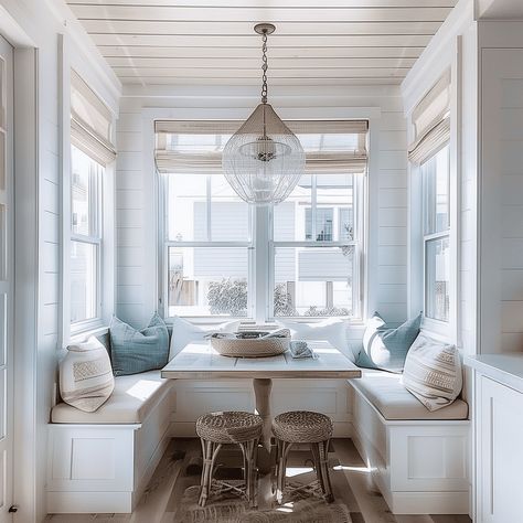 Bright Coastal White and Light Blue Breakfast Nook [Room Concept] Breakfast Nook Room, Blue Breakfast Nook, Blue And White Interior Design, Coastal Breakfast Nook, Coastal Breakfast, Blue Breakfast, Room Concept, Coastal White, Dream Beach Houses