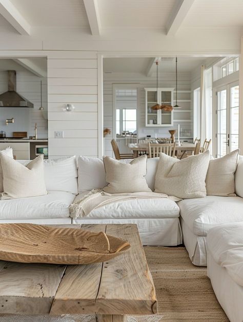 Beach Front Interior Design, Light Wood House Decor, Beach House Family Room Ideas, Modern Ranch Home Interior, Beachy Organic Modern, Restoration Hardware Beach House, Beach House Great Room, Organic Modern House Decor, Beach House Studio