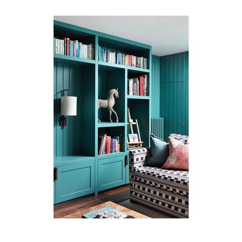 Tv Joinery, Teal Bookshelves, Colorful Bookshelves, Teal Shelves, Green Playroom, Turner Pocock, Teal Rooms, Basement Room, Joinery Details