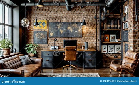 Stylish Industrial Home Office with Exposed Brick and Designer Furniture Stock Photo - Image of table, indoor: 312421654 Brick Wall Office, Industrial Furniture Desk, Large Wooden Desk, Industrial Home Office, Industrial Bathroom Design, Home Office Sofa, Brick Room, Industrial Home Offices, Industrial Console Tables