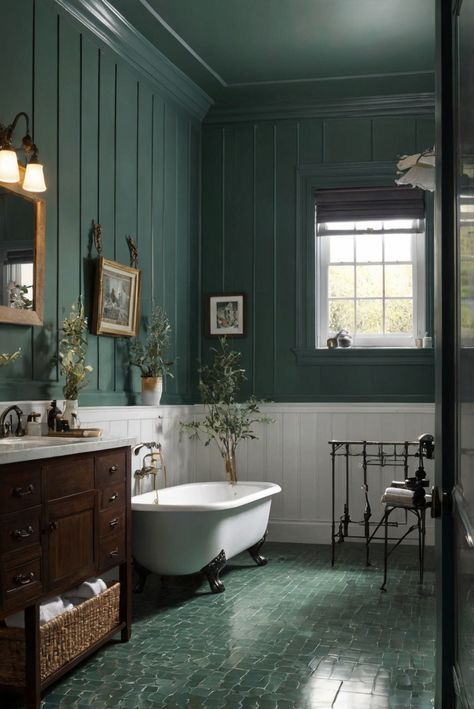 home decorating, home interior design, interior bedroom design, home paint colors Benjamin Moore Salamander Bathroom, Bathroom With Green Floor, Forrest Green Bathroom, Spa Green Bathroom, Forest Green Bathroom Ideas, Color Drenched Bathroom, Moody Green Bathroom, Pewter Green Sw, Green And White Bathroom