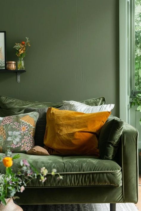 Olive Green Room Ideas for a Refreshing Space Small Living Room Ideas Olive Green, Olive And Orange Living Room, Moss Green Sofa Living Room, Olive Green Room Ideas, Living Room Ideas Olive Green, Olive Green Living Room Color Scheme, Olive Green Room, Olive Green Living Room, Olive Green Rooms