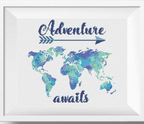 Adventure awaits cross stitch world map Watercolor cross stitch map cross stitch pattern PDF Easy cr Cross Stitch Map Pattern, Map Cross Stitch Pattern, Cross Stitch Map, Map Cross Stitch, Map Watercolor, Cat Cross Stitches, Watercolor Cross Stitch, Watercolor Cross, Easy Cross Stitch Patterns