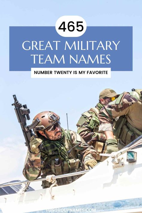 Discover the perfect military team name with our guide. Over 465 categorized options for historical, modern, and attribute-based names. Mythological Names, Army Names, Military Units, Military Soldiers, Military Operations, Special Operations, Military Men, Team Name, Us Military