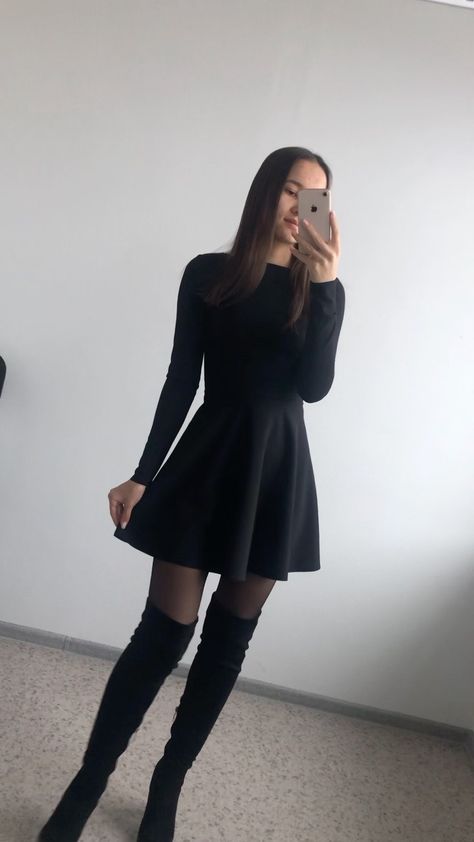 Black Dress And Tights Outfit Winter, Lbd Outfit Winter, Shiny Tights Outfit, Black Dress And Tights Outfit, Short Dress With Stockings Outfit, Black Suede Boots Outfit, Short Black Dress Long Sleeves, Dress With Stockings Outfit, Lbd Outfit