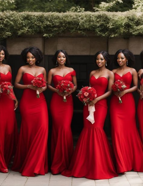 Red Braidsmaid Dresses Weddings, Red Wedding Dresses Black Women, Valentines Day Wedding Ideas Bridesmaid Dresses, Red Dress Bridesmaid Dress, Red Wedding Theme Bridesmaid Dress, Red Bridesmaid Dresses Black Women, Blood Red Bridesmaid Dresses, Bright Red Bridesmaid Dresses, Bridal Maid Dress