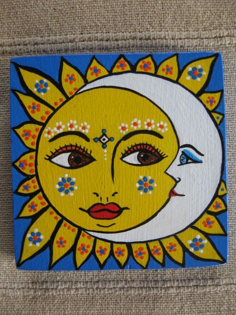 small wood tile, folk art by Atita-guna Mexican Easy Painting, Trippy Sun Art, Indian Folk Art Easy, Easy Folk Art Painting, Mexican Paintings Ideas Easy, Easy Folk Art, Folk Art Sun, Sun And Moon Painting, Sun Images