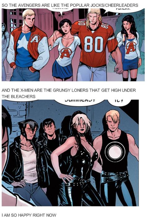 Love it! (But seriously, what happened to the mutants' hair?) Xavier's School For Gifted Youngsters, Danny Ocean, Being In A Relationship, Marvel Xmen, Funny Marvel Memes, Dc Memes, Marvel Jokes, Marvel X, Avengers Funny