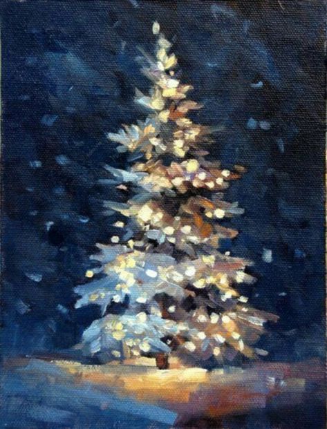 40 Beautiful Christmas Painting Ideas to Try This Season - Bored Art Evergreen Tree Painting Acrylic, Night Snow Painting, Merry Christmas Art Painting, Winter Scenes To Paint Acrylic, Winter Painting Simple, Snow Trees Painting, Snowy Tree Painting, Acrylic Painting Cards Ideas, Snowy Winter Painting