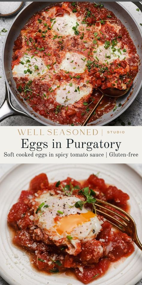 This quick and easy Eggs in Purgatory recipe is a savory, protein-packed meal that can be enjoyed for breakfast, lunch, or dinner. Fresh eggs are gently poached in a spicy tomato sauce until the whites have set, but the yolks remain soft. Serve with grated Parmesan cheese and fresh herbs. Gluten-free. #wellseasonedstudio #eggs #eggsinpurgatory #spicytomatosauce Eggs In Purgatory Recipe, Eggs In Purgatory, Italian Diet, Creamy Grits, Brunch Spread, Spicy Tomato Sauce, Homemade Tomato Sauce, Easy Eggs, Quick Weeknight Meals