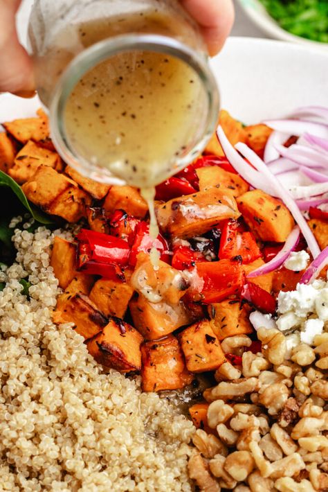 Sweet potato quinoa salad Beet Quinoa, Sweet Potato And Quinoa, Sweet Potato Quinoa Salad, Cranberry Quinoa Salad, Sweet Potato Quinoa, Lemon Vinaigrette Dressing, Sweet Potato Side Dish, Quinoa Sweet Potato, Vegan Feta Cheese