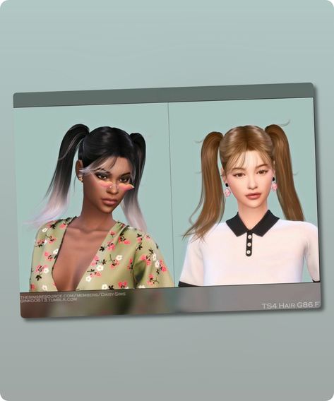 twin ponytails / pig tails 21 base colors + 9 ombre colors hat compatible all LODs 16k poly at LOD0 HQ compatible teen to elder Filesize: 17 MB Author: Daisy-Sims #ombre #teen #hairstyles #sims4 #elder #sims Pig Tails Sims 4 Cc, Twin Ponytails, 4 Hairstyles, Sims 4 Cc Download, Pig Tails, Model Nails, Club Hairstyles, Female Hair, Best Sims