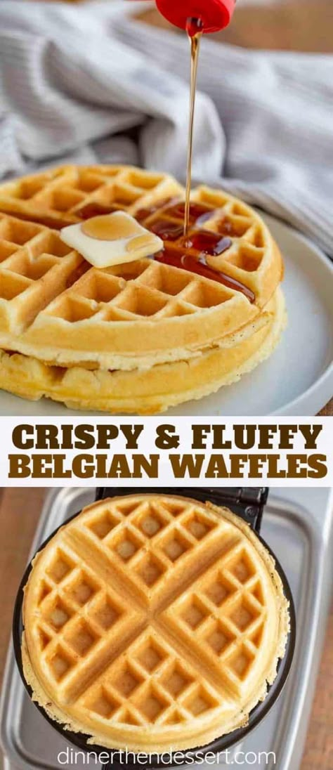 Belgian Waffles are crispy on the outside and fluffy on the inside and EASY to make; ready in only a few minutes with pantry ingredients! #breakfast #brunch #waffles #belgianwaffles #dinnerthendessert