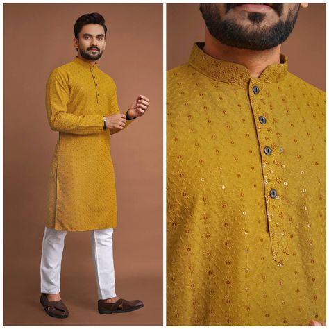 Pajama Set Cotton, Mens Kurta Pajama, Embroidery Men, Embroidery Kurta, Haldi Function, Chikankari Embroidery, Men Kurta, Indian Look, Mens Kurta