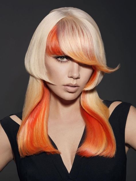 Blonde/orange sunset hair Unusual Hair Colours, Sunset Orange Hair, Unusual Hairstyles, Dancing In The Sunset, Original Hairstyles, Bamboo Moodboard, Futuristic Hairstyles, Sunset Hair Color, Orange Hair Color