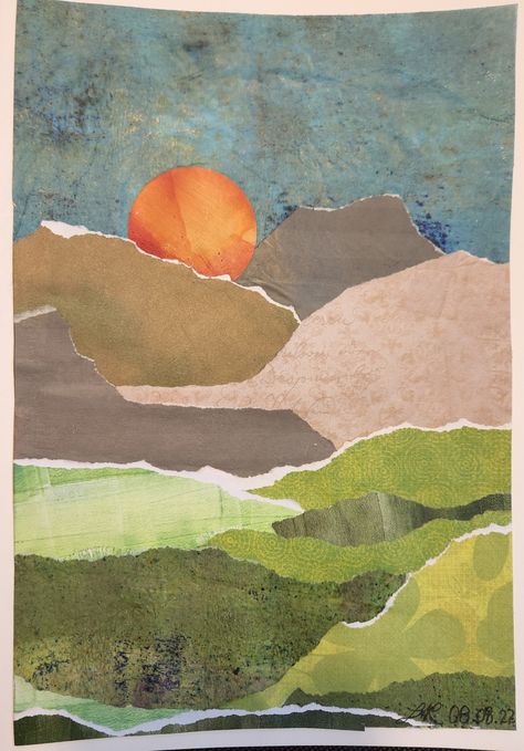 Collage Landscape, Landscape Quilt, Collage Art Projects, Paper Collage Art, Landscape Quilts, Collage Art Mixed Media, Camping Art, Illustration Inspiration, Art Classroom