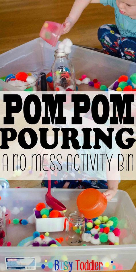 Pom Pom Pouring: a mess free transfer activity bin Pouring Station, Toddler Sensory Bins, Sensory Tub, Toddler Classroom, Busy Boxes, Toddler Sensory, Sensory Boxes, Kids Sensory, Easy Activities