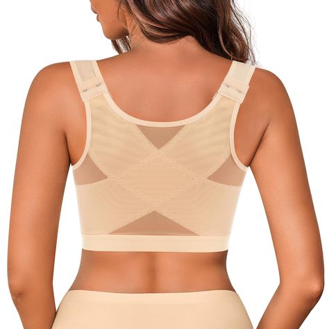 PRICES MAY VARY. POSTURE CORRECTOR BRA:This front close bra is designed for your better posture.Specially designed X shape back linked with strap,offer good back support and gently corrects your hunch over posture,relieve the pain of your back and shoulder.Not only remind you to keep a correct posture,but also reduce the back bulge. FRONT CLOSURE BRA:Convenient front closure style and thoughtful design,you can put this posture bra on and take off easily.More sturdy and convenient hook,let you we Posture Bra Sport Bras, Best Bras For Comfort And Support, Back Brace For Posture, Back Fat Bra, Fix Bra, Posture Corrector Bra, Mastectomy Recovery, Front Close Bra, Posture Corrector For Women