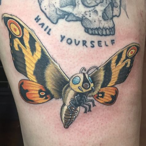 Mothra Tattoo, Godzilla Tattoo, Black And White Tattoo, Moth Tattoo Design, Skeleton Tattoos, Moth Tattoo, Sternum Tattoo, Time Tattoos, White Tattoo