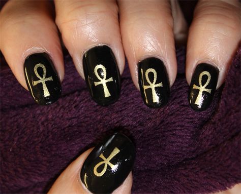 Egypt Nails, Egyptian Nails, Cross Nail Art, Egyptian Cross, Cross Nails, Crazy Nail Art, Pretty Nail Colors, Nail Art Decals, Black Nail Designs