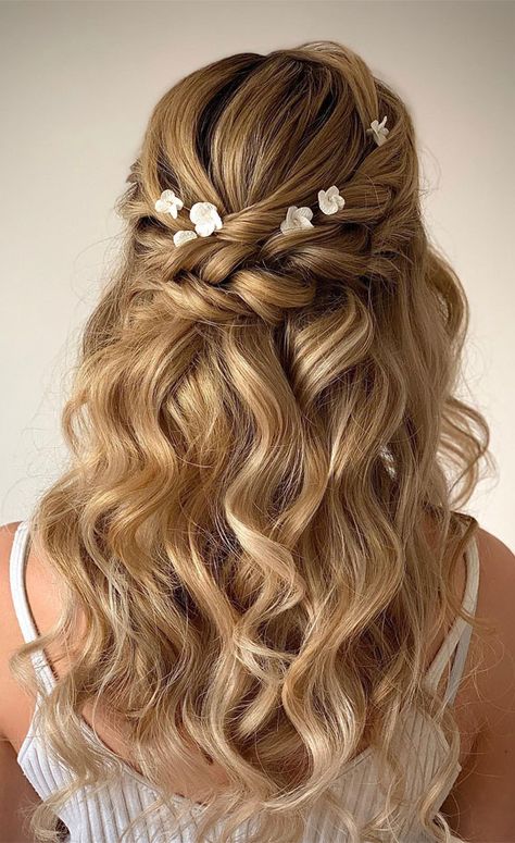 half up half down hairstyle, half up half down hairstyles, half up half down wedding hairstyle, wedding hairstyles, half up half down bridal hairstyle, half up half down Aesthetic Blonde Hairstyles, Down Braids Hairstyles, Hairstyles Brown Hair, Hairstyles For Graduation, Braid Flower, Half Up Half Down Braids, Grad Hairstyles, Junior Bridesmaid Hair, Hairstyles Brown