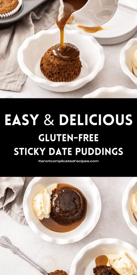 My Gluten-Free Sticky Date Puddings are an easy dessert and a guaranteed crowd-pleaser. Also known as Sticky Toffee Pudding, this rich, luxurious dessert is pure comfort food at its best! We top sweet date sponges with salted toffee sauce and serve with our No-Churn Vanilla Ice Cream. You will love the juxtaposition of hot against cold! Gluten Free Sticky Toffee Pudding, Bread Pudding With Rum Sauce, Bread Pudding With Bourbon Sauce, Bread Pudding With Caramel Sauce, Gluten Free Pudding, Celebration Recipes, Sticky Pudding, Gf Sweets, Sticky Date