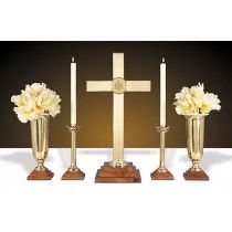 Brass Altar Cross Set with Wood Base Communion Table, Church Altar, Church Furniture, Spiritual Dimensions, Church Candles, First Communion Dresses, My Church, Brass Wood, The Holy Trinity