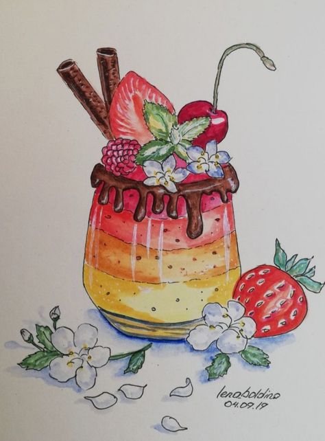 Desserts Drawing Cute, Dessert Sketch, Food Drawing Sketches, Drawing Dessert, Dessert Drawing, Wire Crochet Necklace, Desserts Drawing, Food Art Painting, Foodie Art