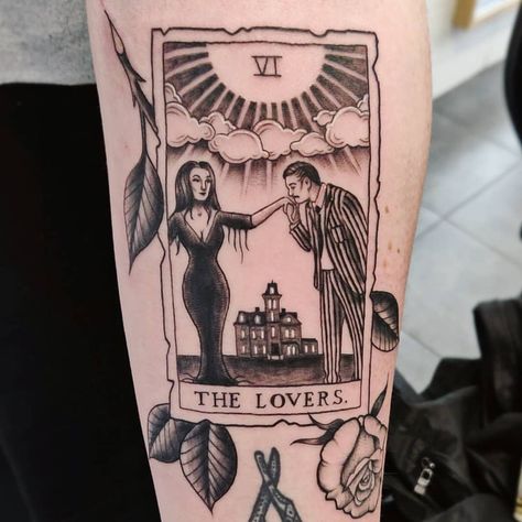 The Lovers tarot card, Addams Family style. Featuring The tiniest pin-striped suit everrrrrr! Thanks again Siobhan 😊🖤🥀 - - - #londontattoo… Addams Family Tattoo, Tarot Card Tattoo, Tarot Tattoo, Family Tattoo Designs, The Lovers Tarot Card, Literary Tattoos, Triangle Tattoos, Striped Suit, Family Tattoo