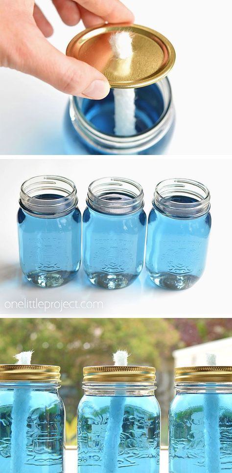 These mason jar citronella candles are SO EASY to make and they look so pretty!! And they actually work to keep the bugs away! This is such a quick and fun summer craft project. The flames are incredible! Mason Jar Citronella Candles, Fun Summer Crafts, Diy Hanging Shelves, Wine Bottle Diy Crafts, Citronella Candles, Mason Jar Crafts Diy, Wine Bottle Diy, Mason Jar Lighting, Mason Jar Candles