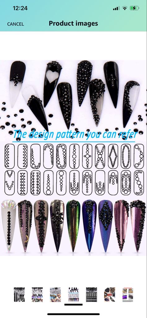 Rhinestone Nail Patterns, Rhinestone Layout Nails, Rhinestone Patterns Nails, Rhinstone Patterns Nails Short, Rhinestones Placement, Black Rhinestone Nail Designs, Goth Nails With Rhinestones, Rhinestone Designs Pattern Nails, Nail Rhinestone Design