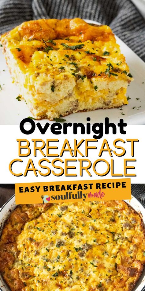 2 views of the egg casserole. One is the entire pan and the other is a delicious slice of overnight breakfast casserole. Breakfast Bake With Bread, Overnight Sausage Breakfast Casserole, Easy Overnight Breakfast Casserole, Sausage And Egg Breakfast Casserole, Easy Overnight Breakfast, Brunch Egg Dishes, Sausage And Egg Breakfast, Egg Breakfast Casserole, Breakfast Casserole With Bread