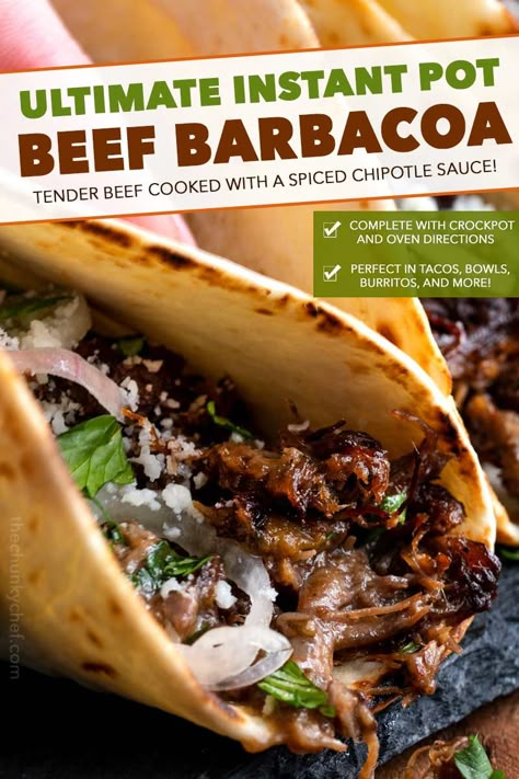 Truly melt-in-your-mouth tender and juicy, this beef barbacoa is loaded with bold flavors and ready for your tacos, burritos, bowls, or nachos!  Directions for pressure cooker, slow cooker, and the oven! #barbacoa #beef #mexican #shreddedbeef #cincodemayo #instantpot #pressurecooker #easyrecipe Instant Pot Beef Barbacoa, Instapot Recipes Chicken, Beef Barbacoa, Barbacoa Recipe, Barbacoa Beef, Tacos Burritos, Potted Beef, Tacos And Burritos, Instant Pot Dinner Recipes