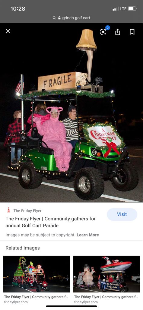 Golf Cart Christmas Lights, A Christmas Story Float Ideas, Christmas Story Float Ideas, Golf Cart Parade Decorating Ideas, Christmas Golf Cart Decorating Ideas, A Christmas Story Parade Float, Christmas Golf Cart Ideas, Side By Side Christmas Parade, Christmas Story Parade Float