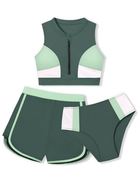 Cute Bathing Suits Modest, Modest Two Piece Bathing Suits, Swim Aesthetic, Bathing Suit Outfits, Bathing Suit Patterns, Colorblock Swimsuit, Swimsuits Sporty, Bathing Suit Shorts