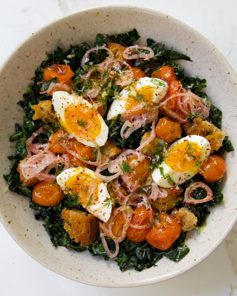 Kale Salad with Dill Vinaigrette Dill Vinaigrette, Sourdough Croutons, Capsule Kitchen, Jammy Eggs, Salad With Dill, Dill Dressing, Homemade Sourdough, Zucchini Pasta, Vinaigrette Recipes