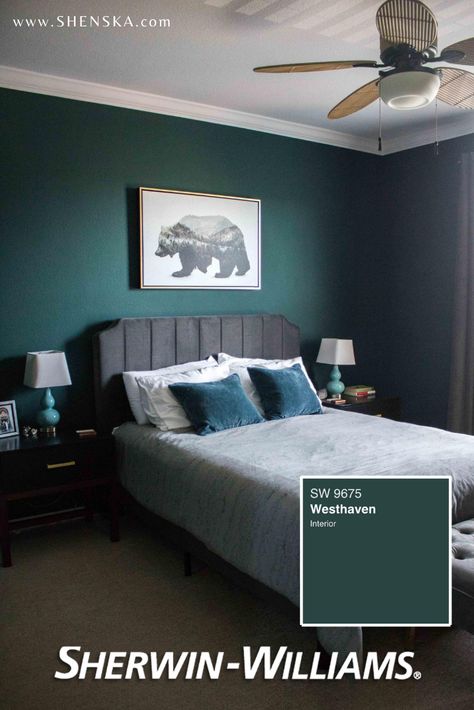 This dark green room paint color from Sherwin Williams is perfect for an accent wall or the whole bedroom makeover. Give it a try if you’re looking for dark green ideas! #bedroompaintcolors #darkgreenpaint #bedroominspo #sherwinwilliamspaint Dark Green And Grey Bedroom, Dark Turquoise Bedroom, Dark Grey Bed Frame Bedroom Ideas, Dark Teal Bedroom, Charcoal Bed, Emerald Green Bedrooms, Green Bedroom Walls, Green Bedroom Design, Green Bedroom Decor