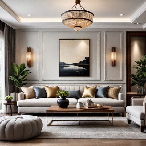 Elegant living room with a beige sofa, assorted pillows, a modern chandelier, wall art, and lush green plants. Colonial Chic, Modern Classic Interior, Colonial Interior, Neoclassical Interior, Chic Interior Design, Classic Interior Design, Classic Living Room, Design Room, Living Room Design Decor