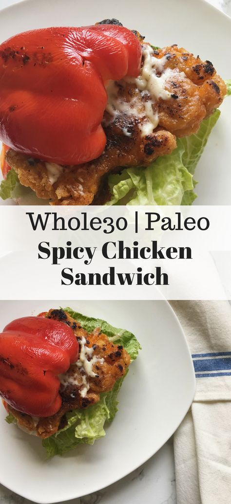 Paleo Spicy Chicken Sandwich (Whole30, Paleo) - a dash of dolly Vegan Chicken Sandwich, Paleo Sandwich, Spicy Chicken Sandwich, Sandwich Healthy, Spicy Chicken Sandwiches, Vegan Chicken, Table D Hote, Whole 30 Diet, Chicken Eating