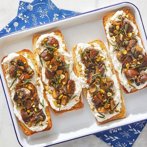 Recipe: Ricotta & Mushroom Baguettes with Fried Rosemary & Pistachios - Blue Apron Ricotta Mushroom, Recipe Ricotta, Roasted Pistachios, Breaded Mushrooms, Blue Apron Recipes, Whipped Ricotta, Toast In The Oven, How To Cook Mushrooms, 2000 Calories