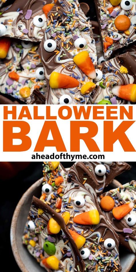 Halloween Bark is a delicious, sweet, and fun to make chocolate treat. It can be customized with your favorite sprinkles and Halloween candy. This quick and easy no bake recipe is easy to make with a handful of ingredients and minimal prep time — perfect to make with the kids! Sweet, melt-in-your mouth chocolate meets chewy candy corn and crunchy candy and sprinkles. The whole family will love this chocolate bark. It stores well too. | aheadofthyme.com #halloweenbark #chocola via @aheadofthyme Halloween Chocolate Bark Recipes, Quick And Easy Halloween Treats, Halloween Bark Candy, Bark Candy Recipes, Boo Bark, Halloween Chocolate Bark, Halloween Candy Ideas, Best Halloween Treats, Halloween Bark Recipes