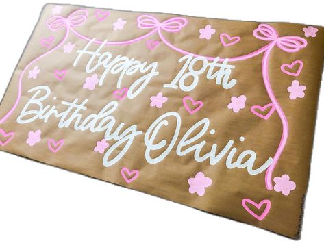 In love with the pinks and bows on this sweet banner!💗✨🌸 My Tie Banner Sorority, Pink Bow Decor, Pink 21st Birthday Ideas, Cowgirl Sorority Theme Banner, 21st Birthday Banner Painted, Bow Banner, Birthday Banner Ideas, Valentine’s Day Sorority Banner, Pink Happy Birthday Banner